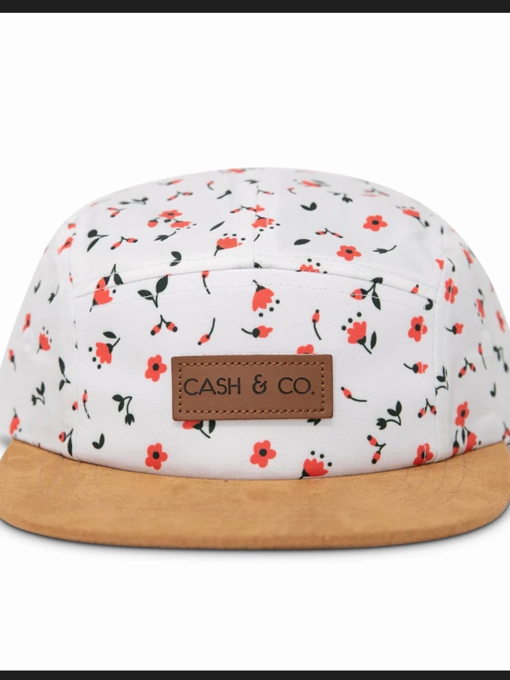 NWT Cash & Co Floral Camper Flat Brim Hat Tan Suede Brim S/M 18 months SnapBack